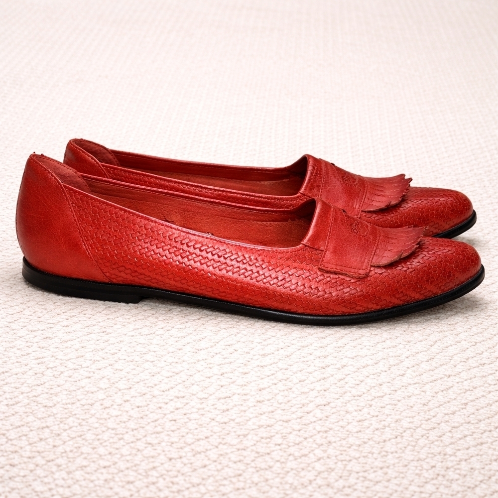 Vintage NICOLE BABS Red Woven Leather Fringe Loafers 8.5 M Fleur de Lis Heritage - Picture 4 of 10